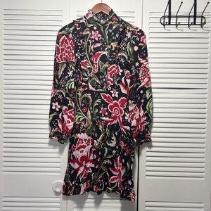 Zara Woman Black and Red Lace Floral Printed Long Sleeve Frill Dress Size X